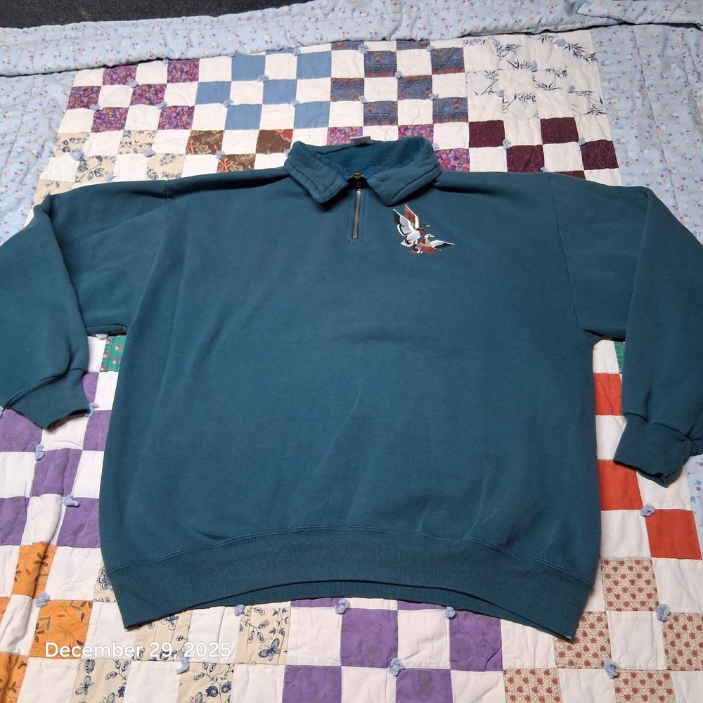 Vintage XL JerZees Super Sweats 1/4 Zip Mallard Embroidered Teal Sweatshirt‎